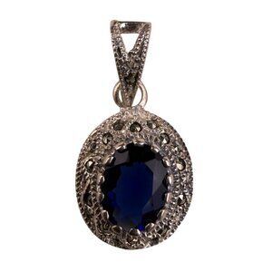 Sterling Silver 925 Womens Blue Stone Pendant Sapphire Color Oval Design
